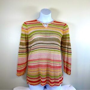 Talbots Women’s 2X Green/Coral/Taupe Striped Knit Silk Blend Open Weave Sweater